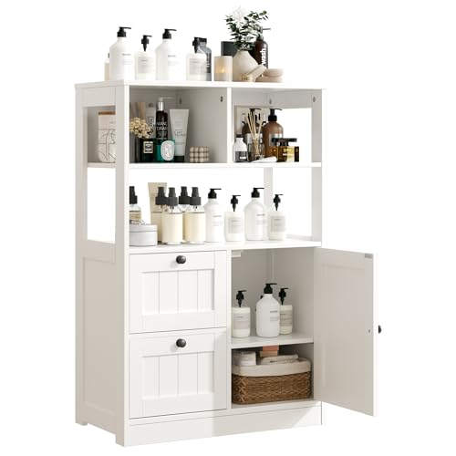 GRUSIGN Bathroom Storage Cabinet with Door and Drawers, Small Freestanding Bathroom Cabinet Organizer, Farmhouse Wooden Cupboard with Adjustable Shelves for Kitchen, Living Room, White - size: 34"H with Drawers