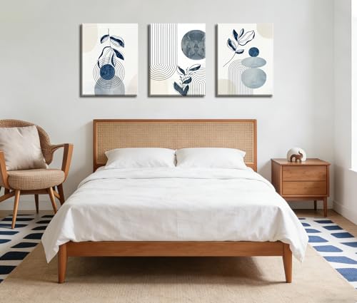 Frimeeme Blue Bohemain Framed Canvas Wall Art Set of 3,Abstract Geometric Line Wall Painting for Bedroom Bathroom, 12"x16" Inches,Framed - color: Framed - Blue Boho Canvas Wall Art, size: 12"L x 16"W x 3Pieces