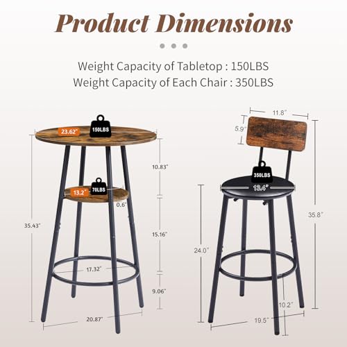 23.62” Diameter Round Bar Table Set for 2 with Storage Shelf, Counter Height Pub Table and Upholstered Bar Stools with Backrest, Small Round Kitchen Table for Small Spaces, Breakfast Nook Dining Table - color: Rustic Brown, style: Round w/ Upholstered Sto
