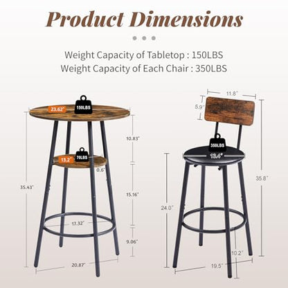 23.62” Diameter Round Bar Table Set for 2 with Storage Shelf, Counter Height Pub Table and Upholstered Bar Stools with Backrest, Small Round Kitchen Table for Small Spaces, Breakfast Nook Dining Table - color: Rustic Brown, style: Round w/ Upholstered Sto
