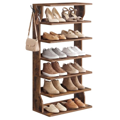 VASAGLE 7-Tier Vertical Shoe Rack, Narrow Shoe Storage Organizer with Hooks | Slim Corner Tower Shelf, Space Saving for Entryway and Bedroom, Rustic Brown, ISLAND Collection ULBS220KD01 - color: Rustic Brown, size: 7 Tiers (20.5"W)