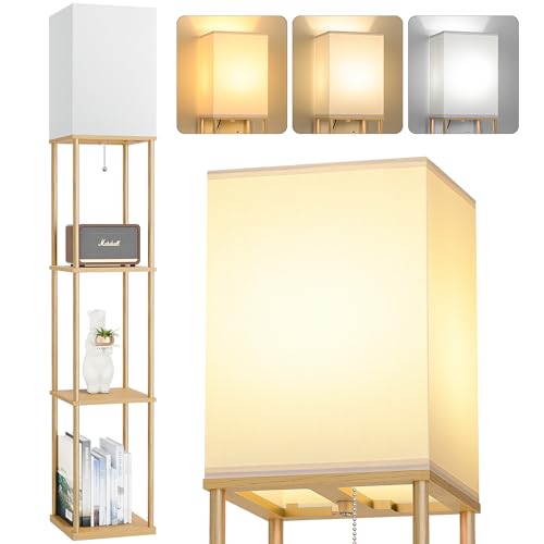 Floor Lamp with Shelves, 3-Tier Modern Square Bookshelf Standing Lamp Wood | 3 Color Temperature Bulb Included, Pull Chain Tall Lamp for Living Room Bedroom Corner Office Apartment Decor - color: Wood