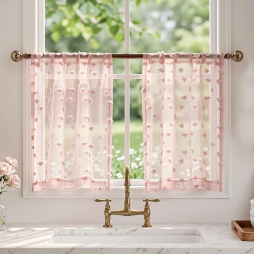 MYSKY HOME Pink Sheer Kitchen Curtains Over Sink 30 inch Length,2 Panels | Light Filtering Semi Sheer with Pom Pom,Short Tier Half Curtains for Cafe Small Window Decor, Rod Pocket,26Wx30L - color: 1-dusty Pink, size: 26"W x 30"L (Pack of 2)