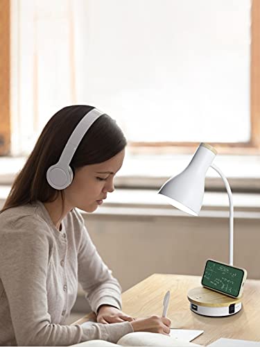 LALISU Metal Desk Lamp Wireless Charging Table Lamp Touch Reading Lights Arc Desk Lamps for Bedroom, 3 Way Dimmable Bedside Lamp with USB Charging Ports Lamp for Study Room and Office (White) - color: White
