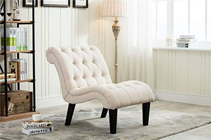 Accent Chairs Set of 2 Mid Century Modern Tufted Upholstered Chair for Living Room Bedroom Curved Armless Side Chairs with Wood Legs Linen Fabric - color: Cream, size: 2 Chairs