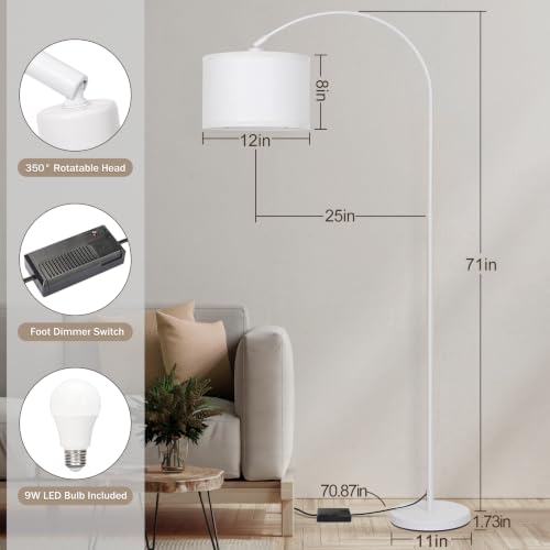 Dimmable Arc Floor Lamp，Standing Lamp with White Adjustable Hanging Shade | Arched Modern Pole Standing Lamp, Tall Reading Light for Living Room, Bedroom, Over Couch, Office, 9W LED Bulb Included - color: White