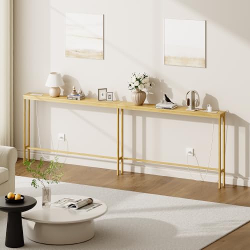 ELYKEN Bamboo 102.4'' Narrow Console Table, Long Sofa Table Behind Couch | Slim Entryway with Outlet, Skinny Hallway Table with Charging Station for Living Room, Foyer, Entrance, Natural - color: Natural, size: 5.9"D x 102.4"W x 31.5"H