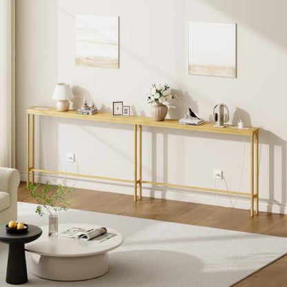 ELYKEN Bamboo 102.4'' Narrow Console Table, Long Sofa Table Behind Couch | Slim Entryway with Outlet, Skinny Hallway Table with Charging Station for Living Room, Foyer, Entrance, Natural - color: Natural, size: 5.9"D x 102.4"W x 31.5"H