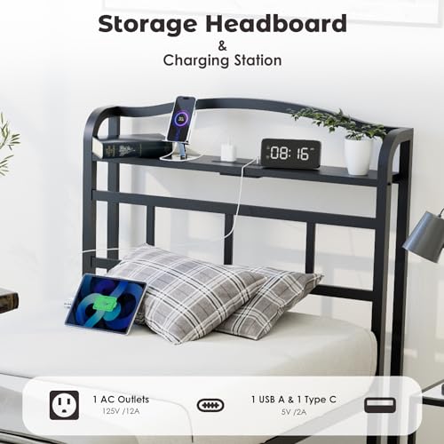 YORMDMO Twin Bed Frame - Heavy Duty Metal Bedframe with Storage Headboard Charging Station, Easy Assembly, No Box Spring Needed, 18 Inch, Black