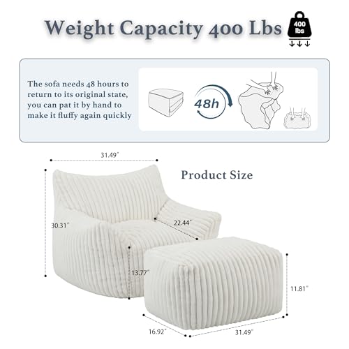 Oversized Bean Bag Chaise Lounge Chair Indoor for Adults with Armrests & Ottoman - Giant Comfy Beige Beanbag Lazy Floor Sofa Cloud Accent Chair for Reading, Gaming, Cozy Fluffy Cloud Mini Couch - color: Beige, size: XL Sofa Chair + Footstool
