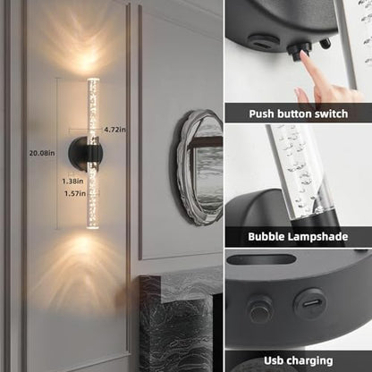 Battery-Operated Wall Sconces Set of 2, Black 20'' Rechargeable Crystal Bubble Wall Sconce with Remote Control, 3000K-6000K Dimmable LED Wireless Wall Lights for Living Room Bedroom Hallway - color: Black