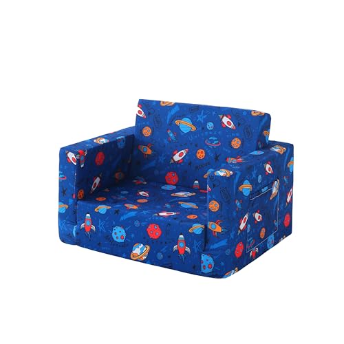 lasoftan Toddler Couch, 2-in-1 Soft Kids Couch Bed Fold Out, Toddler Chairs Comfy for Boys & Girls, Convertible Kids Sofa to Lounge for Playroom, Gift for Birthday, Children's Day - Space Universe - color: Space Universe
