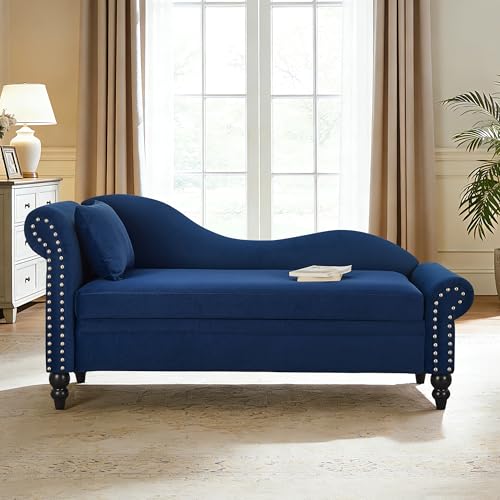 ERYE Velvet Upholstered Right Facing Chaise Lounge Chair, Blue Chaise Lounge Storage W/Nailhead Trim, Wood Legs, Classic Recliner Lounger Accent Sofa for Living Room Bedroom - color: Navy Blue/R