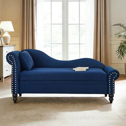 ERYE Velvet Upholstered Right Facing Chaise Lounge Chair, Blue Chaise Lounge Storage W/Nailhead Trim, Wood Legs, Classic Recliner Lounger Accent Sofa for Living Room Bedroom - color: Navy Blue/R