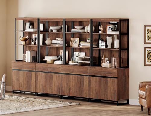 WAMPAT 4 PCS Modern 72" Tall Bookshelf with Metal Base and Adjustable Shelves, Library Bookcase with Storage Cabinet and Open Book Shelfs, Wood Bookshelves for Home Office, Living Room, Brown - color: Brown-a, size: 4 PCS