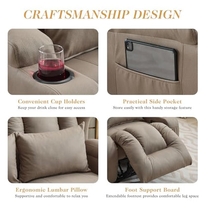 Loveseat Recliner Sofa,RV Wall Hugger Recliners for Small Spaces,Reclining Loveseat Sofa Recliner with Cup Holders/Lumbar Pillows,RV Furniture (Khaki, 56" 2-Seater) - color: Khaki, size: 56" 2-Seater