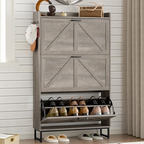 BORNOON Shoe Cabinet with 3 Flip Drawers Narrow Shoe Storage Cabinet Organizer Wooden Freestanding Shoe Rack Hidden Slim Shoes Storage Cabinet for Entryway, Hallway, Living Room, Bedroom - color: Grey, size: 3-Drawer