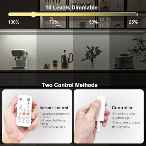 WOBANE Dimmable COB LED Strip with RF Remote,9.8ft Under Cabinet Lighting | 6000K White,RF Remote,Super Bright,1500lm,24W ETL Adapter,CRI90+,Light Strip for Kitchen,Ceiling, Room, Closet,Counter - color: White, size: 9.8ft COB