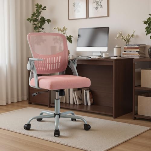 DUMOS Office Chair, Ergonomic Home Desk Chair, Ergonomic Lumbar Support | Height Adjustable, Flip-up Armrest, Rocking Mode, 360 Swivel, Conference Room, Pink - color: Pink Flip Arm