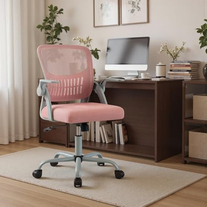 DUMOS Office Chair, Ergonomic Home Desk Chair, Ergonomic Lumbar Support | Height Adjustable, Flip-up Armrest, Rocking Mode, 360 Swivel, Conference Room, Pink - color: Pink Flip Arm