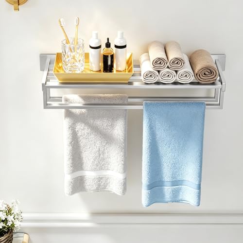 STWWO Double Towel Racks for Bathroom Wall Mounted, 24 Inch, Brushed Nickel | Double Towel Bar with Shelf, Dual Towel Rack with Shelf, Stainless Steel Hand Towel Hanger, Bath Towel Holder for Wall - color: Brushed Nickel