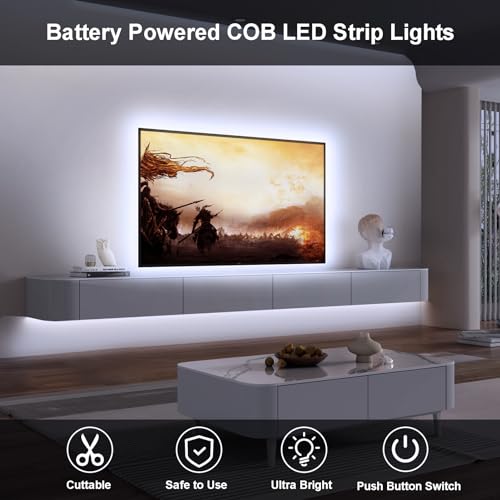 BSGlobal 2 Pack COB LED Strip Light, 6.6ft 640 LED Battery Powered LED Strip Lights, Flexible Cuttable Wireless Click Light for Cabinet, Wardrobe, Kitchen, Bedroom 6000K Cool White | 640 LED High Bright Strip Lights, Flexible Cuttable Wireless Click Light