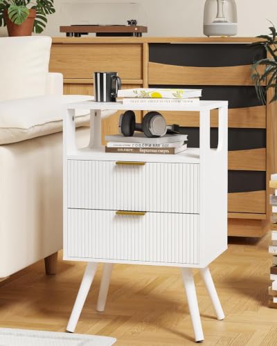 Leomonio White Nightstand, Modern Bedside Table with 2 Storage Drawer and Open Wood Shelf, for Bedroom and Small Spaces, Night Stand with Solid Wood Legs - color: White