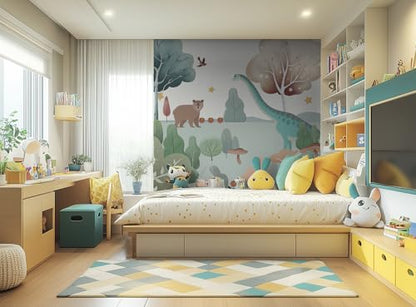 ASJ Dinosaur Peel and Stick Wallpaper Mural, Nursery Woodland Mint Green | Seamless edge-to-edge match. Bear mushroom nature artwork, 165x100 in, premium fabric, boys girls room playroom. - color: mint green, size: 165" x 100"