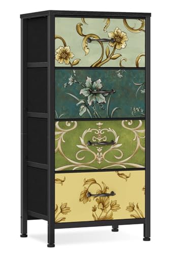 4 Drawer Dresser, Vintage Nightstand, Fabric Chest of Drawers | Vertical Dresser for Bedroom, Storage Tower Units with Fabric Drawers, Small Dressers for Closet, Retro Style, Wooden Top - size: 11.8"D x 15.8"W x 31.5"H (4 Drawers)