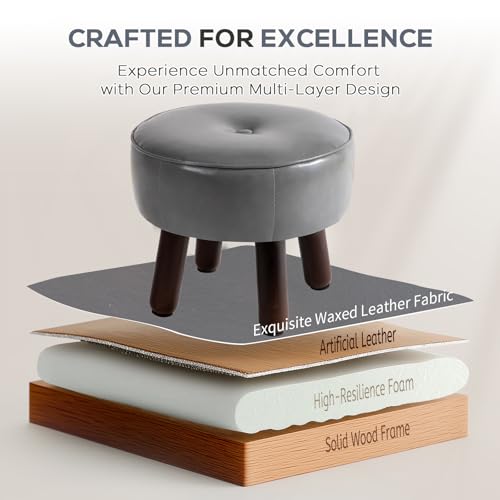 oakvivo Round Leather Pouf Ottoman Footstool, Small 13" Footrest | 13 x 13 x 10.2in Foot Rest with Non-Skid Rubber Legs, Foot Stool for Living Room, Bedroom, Couch, Entryway, Grey - color: Grey