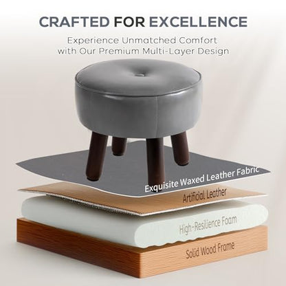 oakvivo Round Leather Pouf Ottoman Footstool, Small 13" Footrest | 13 x 13 x 10.2in Foot Rest with Non-Skid Rubber Legs, Foot Stool for Living Room, Bedroom, Couch, Entryway, Grey - color: Grey