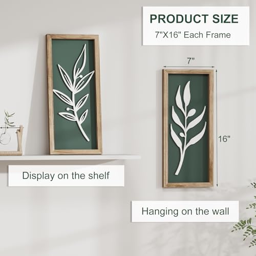 3D Wooden Leaf Sage Green Boho Wall Art (Set of 2) Lightweight, Vintage Framed Bathroom Botanical Wall Art for Bedroom, Living Room, Kitchen,Office and Hallway Decorations - color: Tree leaf Green (Set of 2)