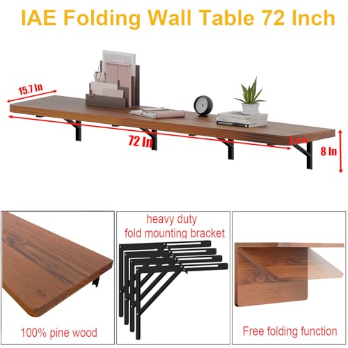 IAE Wall Mounted Folding Table with Pine Wood,72" x 16"Floating Wall Desk | Laundry Folding Table with Shelf Brackets,Fold Down Desk Shelf,Fold Workbench for Apartments,Home,Laundry Room,Kitchen,Teak - color: Teak, size: 72*16* 8 Inch