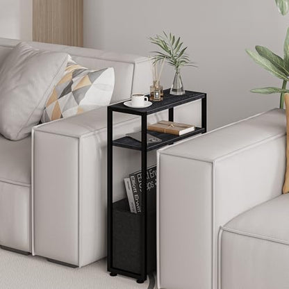 Leomonio Narrow Side Table, Slim Side Table with Magazine Rack, Bathroom Table for Small Spaces, Narrow Bedside Table for Living Room, Bedroom | with Magazine Rack - color: Black
