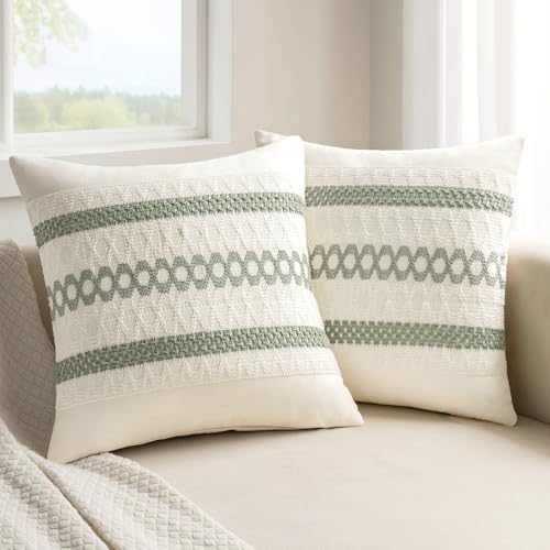 MIULEE Set of 2 Sage Green Boho Decorative Pillow Covers 18x18 Inch | Farmhouse Couch Throw Pillows, Modern Cotton Cushion Covers, Macrame Woven Spring Home Decor for Bed Sofa Chair - color: Sage Green, size: 18" x 18" (Pack of 2)
