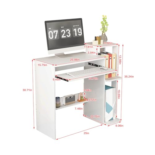 35" Compact Computer Desk with 3-Tier Storage Shelves & Keyboard Tray – Small Study Table for Bedroom or Home Office (White) - color: White