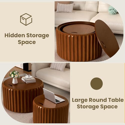 Round Nesting Coffee Tables Set of 2, Walnut | Hidden Storage, Solid Wood Fluted, No Assembly Required, Mid-Century Modern Stackable, For Living Room, Bedroom, Balcony - color: Walnut