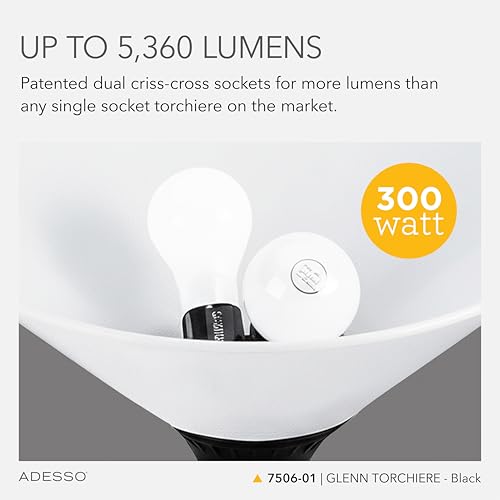 Adesso Dual-Socket Floor Lamp, Black & Frosted White, 3-Way, 71” - color: Black
