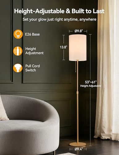 Tubicen Gold Floor Lamp with Pull Chain Fabric Dimmable Corner Tall Lamp | Modern Slim Narrow Standing Lamp 61"H Tall Adjustable Floor Lamp for Living Room Bedroom Office Dining Room, Space-Saving