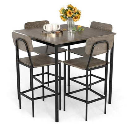 NAFORT Counter Height Dining Table Set for 4, Industrial Bar Table and Chairs Set, 5 Piece Square Pub Table with 4 Stools, Space-Saving Kitchen & Dining Room Furniture Set for Pub, Home, Restaurant - color: Grey