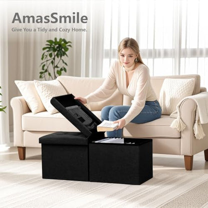 AmasSmile Footrest Ottoman Storage Bench,34" Linen Folding Chest,Black | Large Ottoman with Storage,Thicker Foam Padded Seat,Livingroom,Dorm,Bedroom,Entryway,Easy to install,34 x 13 x 13in - color: Black-linen