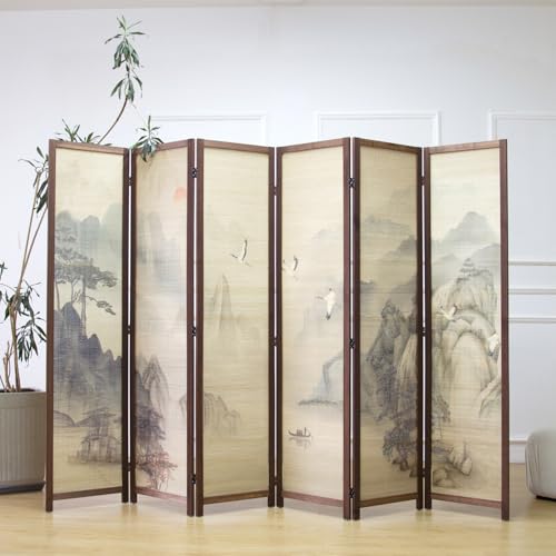 6 Panel Bamboo Room Divider, 5.6 ft Tall Double-Sided Folding Privacy Screen, Premium Thickened Wood Frame with Mountains and Waters Landscape for Home & Office (67" H x 94.5" W) - color: Mountains and Waters, size: 6 Panel