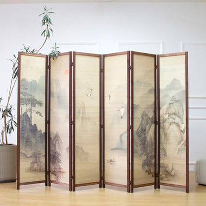 6 Panel Bamboo Room Divider, 5.6 ft Tall Double-Sided Folding Privacy Screen, Premium Thickened Wood Frame with Mountains and Waters Landscape for Home & Office (67" H x 94.5" W) - color: Mountains and Waters, size: 6 Panel