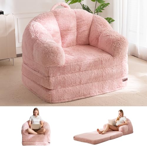 MAXYOYO Folding Sofa Bed, 2 in 1 Convertible Sofa to Lounger | Comfy Single Bean Bag Chair for Adults, Floor Couch with Handle, Faux Fur Couch Bed for Living Room Bedroom, Pink - color: Pink, size: Single