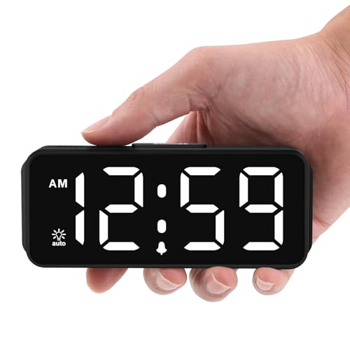 Peakeep Small Digital Alarm Clock Battery Operated for Bedrooms Travel | 1.65" Numbers Large Display Cordless Bedside Clock for Seniors Elderly, Auto Manual Dimmers, 5 Levels Volume - color: White Digits