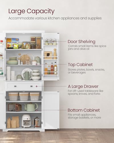 VASAGLE Pantry Cabinet, Freestanding Tall Cupboard with a Drawer | Freestanding cupboard with 2 cabinets, 4 adjustable shelves, 6 door shelves, White, UBBC561P31V2 - color: White, style: Modern
