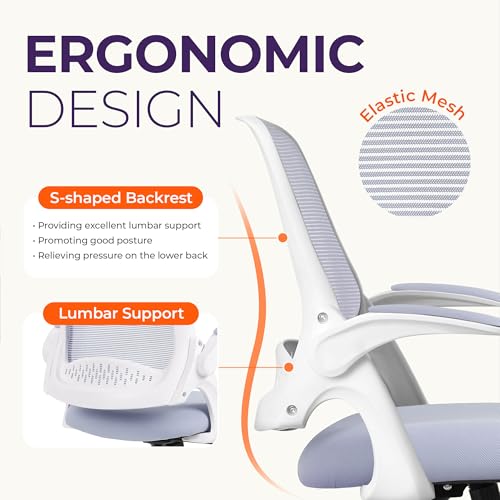 NEO CHAIR Office Desk Chair, Ergonomic Mesh with Flip-Up Armrests, Purple | Lumbar Support, Height Adjustment, 360° Swivel and Rolling Base, Space-Saving Design for Home Office, Vanity or Study - color: Purple