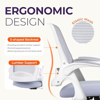 NEO CHAIR Office Desk Chair, Ergonomic Mesh with Flip-Up Armrests, Purple | Lumbar Support, Height Adjustment, 360° Swivel and Rolling Base, Space-Saving Design for Home Office, Vanity or Study - color: Purple