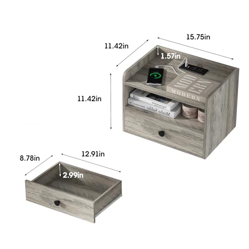Floating Nightstand Set of 2 Modern Night Stands with Drawer and Open Shelf | Cubby Small Bedside End Table with Charging Station Wall Mounted Nightstands Set 2 for Bedroom Grey - color: Grey