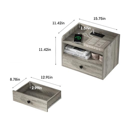 Floating Nightstand Set of 2 Modern Night Stands with Drawer and Open Shelf | Cubby Small Bedside End Table with Charging Station Wall Mounted Nightstands Set 2 for Bedroom Grey - color: Grey